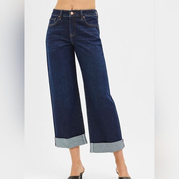 RISEN USA Mid Rise Fit Ankle Wide Leg Roll Up Women's Dark Blue Jeans sz 13 [31 - Picture 7 of 8